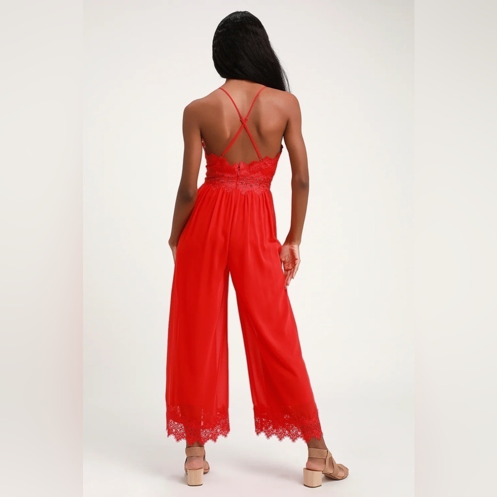 Lulus Sunny Day Dream Red Lace Culotte Jumpsuit Sz. Small - Picture 5 of 12